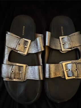 AllSaints Metallic Silver Double-Buckle Slide Sandals